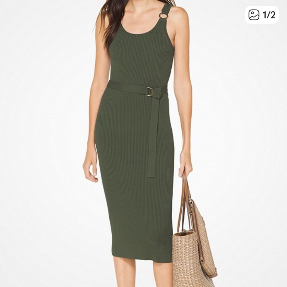 Michael Kors Olive/Jade Belted Dress gold accents, ribbed, body con M